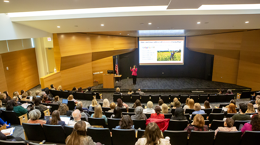 Bernadette Melnyk, a mental health and evidence-based practice advocate, delivers the keynote speech at the Ruth K. Palmer Research Symposium at the Health Sciences Campus on April 5, 2024. 